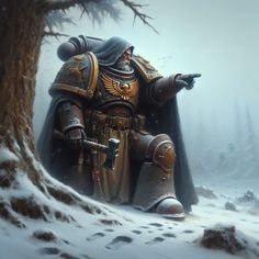 a painting of a warhammer in the snow with his arm out and pointing at something