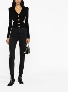 Balmain V-neck button-fastening Cardigan - Farfetch Black Fr, Balmain Paris, Leather Cap, Button Cardigan, V Neck Cardigan, Cropped Cardigan, Denim Pant, Black Knit, Black Cardigan