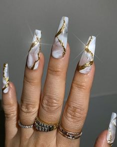 17 Glamorous Gold Chrome Nail Design Ideas White Gel Nails With Gold Flakes, Black White And Gold Nails Coffin, Gold Foil Nails White, White Silver Gold Nails, White Gold And Silver Nails, White And Gold Design Nails, White Gold Silver Nails, Nail Ideas White And Gold, White N Gold Nails