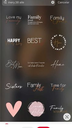 an iphone screen with the words happy and family written in different font styles on it