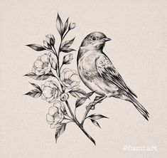 a drawing of two birds sitting on a branch with flowers