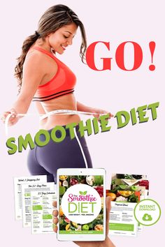 a woman in a red top and purple shorts holding up an ipad with the words smoothie diet on it