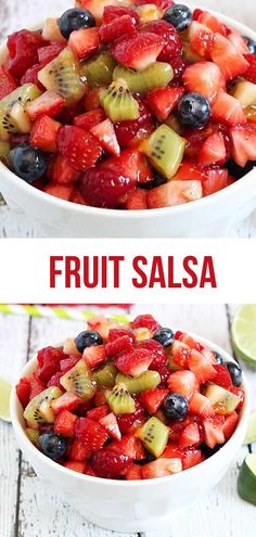 fruit salad with kiwis, strawberries and blueberries in a white bowl