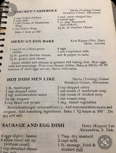 the menu for mexican egg bake is shown in an old style recipe book,