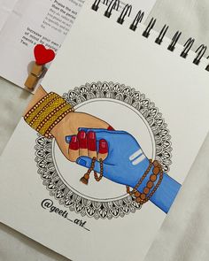 a drawing of a hand holding a red heart on top of a page with writing underneath it