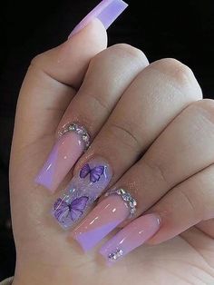 Quinceanera Nails, Butterfly Nail Designs, Purple Nail Art, Purple Acrylic Nails, Purple Nail Designs, Lavender Nails, Colorful Nails, Purple Nail, Cute Acrylic Nail Designs