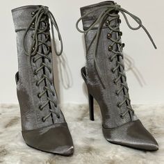 Brand New Comes With Orginial Box Grey Satin Material Lace-Up Ankle Boot 4 1/2" (Appox) Stiletto Heels Cushioned Foot-Bed Fitted High Heel Lace-up Boots With Reinforced Heel, Fitted High Heel Boots With Laces, Fitted High Heel Lace-up Boots For Party, Lace-up Heels With 4-inch Heel Medium Width, Lace-up Heels With 4-inch Heel And Medium Width, Lace-up Boots With 4-inch Heel And Fitted Design, Fitted Lace-up Boots With 4-inch Heel, Party Lace-up Boots With Reinforced Heel, Lace-up Party Boots With Wrapped Heel