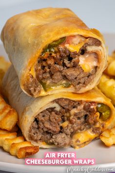 Golden brown cheeseburger wrap cut in half and stacked on top of each other showing the inside ground beef, melted cheese, pickles, ketchup, and mayonnaise next to a side of fries. Dinner Tortilla, Air Fryer Cheeseburger, Cheeseburger Wraps, Cheese Pickles, Seasoned Ground Beef, Air Fryer Oven Recipes