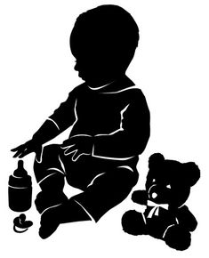 a black and white silhouette of a baby sitting next to a teddy bear holding a bottle