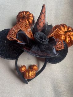 Mouse Ears for Halloween. The cutest little black sequined witch hat with  black ribbon rose, black mesh and orange with black polka dot bow, black feathers, black sequined ears. All on top of a comfortable fabric covered headband.  Lightweight and comfortable. RTS Perfect for the adults or children. (one of a kind) Black Ears Costume Accessories For Costume Party, Black Costume Accessories With Ears For Costume Party, Black Costume Party Accessories With Ears, Halloween Cat Ears Headpiece, Halloween Cat Ears Costume Hats, Halloween Cat Ears Costume Headpiece, Black Cat Ears Costume Hat For Party, Black Cat Ears Costume Hat For Costume Party, Halloween Costume Hat With Cat Ears