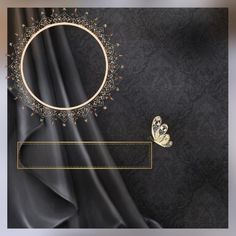 a black and gold wedding card with a butterfly in the middle, on a dark background