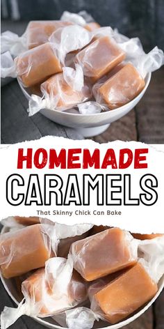 homemade caramels in a bowl with text overlay