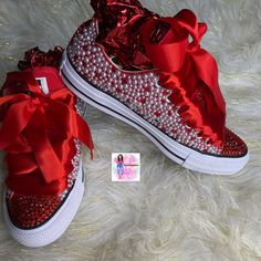 Custom Bling Converse All Star Chuck Taylor Sneakers. All designs handmade and embellished with a variety of high quality crystals. Good for weddings, proms, homecomings, birthdays, special events or just your everyday girly girl. Shoe Details: Classic red low top Converse All Star Chuck Taylor Sneaker (Cloth material style) Shoe Size: starting at women's size 5 to women's size 12; Size availability may vary based on our suppliers current inventory. If your size is out of stock at the time of yo Luxury Red Custom Sneakers With Red Sole, Luxury Red Custom Sneakers For Women, Bedazzled Sneakers, Red And White Converse, Bedazzled Shoes Diy, Air Force One Shoes, Sorority Fashion, Bedazzled Shoes, Bling Converse