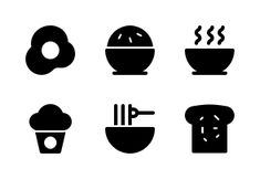 black and white food icons on a white background including bread, donut, coffee cup, doughnuts