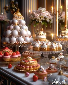 a table topped with lots of cupcakes and cakes