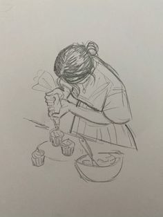 a pencil drawing of a girl making cupcakes