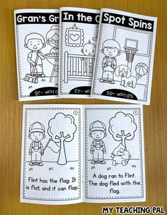 four coloring pages with pictures of children's activities in the same color and font