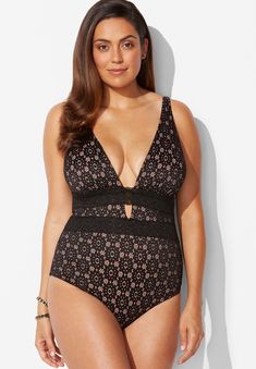 Alluring. Glowing. Stunning. We can go on and on gushing over how gorgeous looking this lace plunge one piece is. But you just need to try it on and see for Mid Size Swimsuit, Blouson Tankini, Plus Size Beach, Swim Season, Plus Size One Piece, Plunging One Piece Swimsuit, Swimsuit Sale, Plus Size Lace, Cargo Short