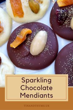 some cookies with different toppings are on a white plate and the words sparkling chocolate mendants above them