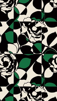 a black and white rose with green leaves on a checkerboard pattern wallpaper