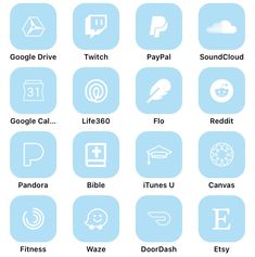 the icons are shown in blue and white, including email, mail, calendars