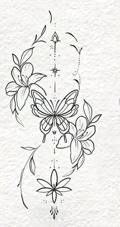 a drawing of flowers and butterflies on paper