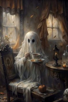 a ghost is sitting in a chair with a cup of coffee