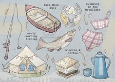 an illustrated drawing of various items that are in the water and on the ground for camping