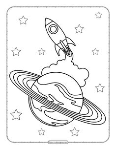 a black and white drawing of a rocket flying through the sky with stars around it