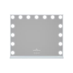 an illuminated vanity mirror with lights on it