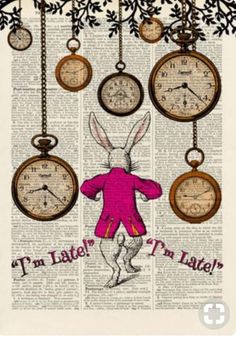 an image of a rabbit with clocks hanging from it's ears and the words i'm late