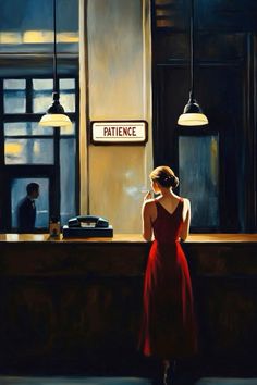 a painting of a woman in a red dress talking on the phone at a counter