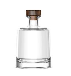 an empty glass bottle with a wooden top on a white background for product packaging design