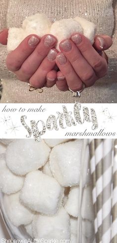 two pictures one is white and the other has silver glitter on it, both are hands holding marshmallows