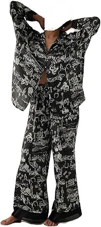 Women Soft Satin Pajamas Set Y2K Floral Long Sleeve Button Down Shirt Wide Leg Pants 2 Piece Silk Pjs Set Loungewear Silk Pjs Set, Satin Pajamas Set, Silk Pjs, Pjs Set, Satin Pyjama Set, Satin Pajamas, Pajamas Set, Hair Goals, Leg Pants