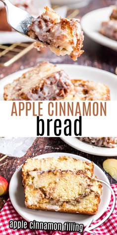 an apple cinnamon bread on a white plate with a fork in it and the title overlay reads, apple cinnamon bread