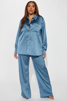 Available In Marsala, Chocolate, And Blue. Satin Pant Set Over Size Shirt Collar Long Sleeve Button Up Wide Leg Pant Chest Pocket Back Elastic Waistband Non-Stretch Inseam: 32 3/4" Shell: 100% Polyester Imported | Makenzie Satin Pant Set in Blue size Small by Fashion Nova Over Size Shirt, Satin Pant, Satin Pants, Over Size, Wide Leg Pant, Blue Satin, Pant Set, Shirt Collar, Wide Leg Pants