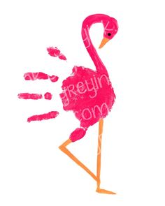 a pink flamingo is standing in front of a white background and has the word baby written on it