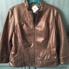 This Jacket Is A Bronze Bomber With Three-Quarter Sleeves. It Zips Up The Front To A Very Short (1”) Stand Up Collar. And It’s Machine Washable! Casual Fitted Gold Outerwear, Gold Fitted Casual Outerwear, Fitted Gold Outerwear For Fall, Gold Fitted Outerwear For Fall, Yellow Puffer Jacket, Pleather Jacket, Casual Blazer Women, Boho Vest, Womens Puffer Vest