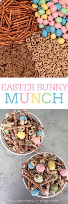 an easter bunny munch recipe with pretzels in the middle and other treats