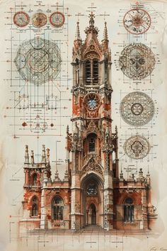 an architectural drawing of a building with clocks and compasses on it's side