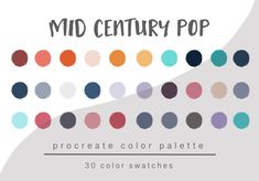 the mid century pop poster is shown in various colors