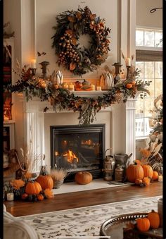 a living room filled with lots of pumpkins and wreaths on the fireplace mantel