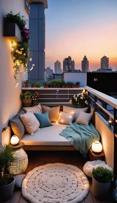 an outdoor seating area with lights on the roof and potted plants in pots around it