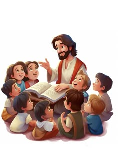 jesus reading to children with the words happy sunday written in front of him on it