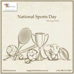 the national sports day poster is shown with trophies, balls and tennis racquets