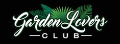 the logo for garden lovers club on a black background with green leaves and palm fronds