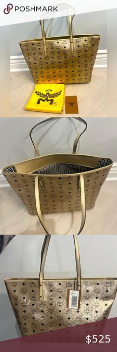 MCM Metallic Visetos Medium Liz Reversible Shopper Tote Gold New with tag $695 Mcm Handbags, Shopper Tote, Flats Top, Dust Bag, Tags, Gold