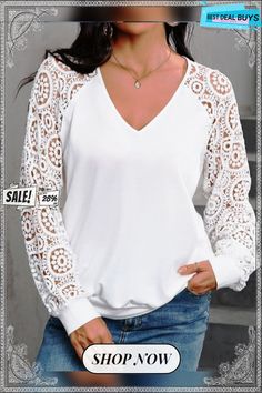 Casual Solid Lace V-neck Long Sleeve Sweatshirt White V-neck Long Sleeve Top For Fall, White V-neck Long Sleeve Top, White V-neck Long Sleeve Top For Spring, Spring Cotton V-neck Sweatshirt, Cotton V-neck Sweatshirt For Spring, Spring V-neck Relaxed Fit Sweatshirt, Casual V-neck Sweatshirt For Spring, Spring Casual V-neck Sweatshirt, Long Sleeve Sweatshirt