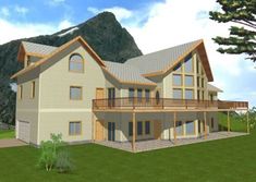 this is an artist's rendering of a large house in the mountains with balconies